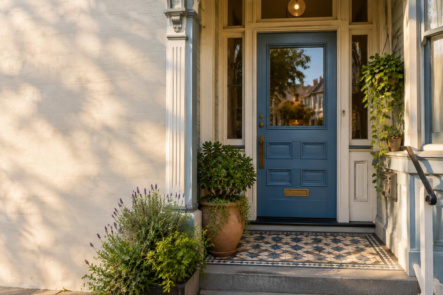 Sunlit San Francisco entrance with a blue front door